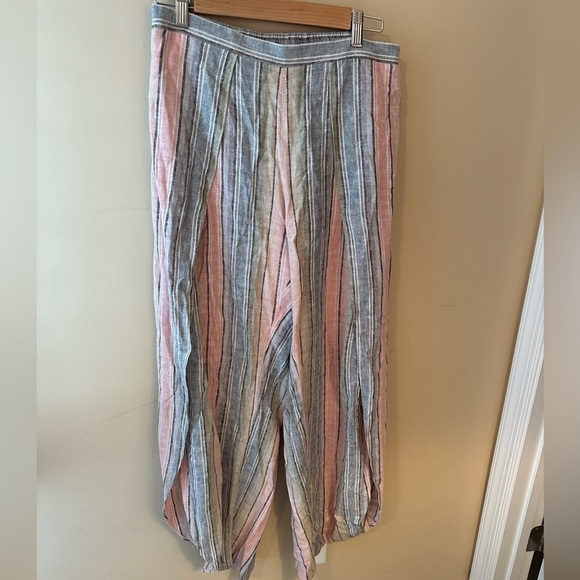 Juniper Bleu linen blend pants lagenlook stripe pants pull on size L made USA - Picture 1 of 5